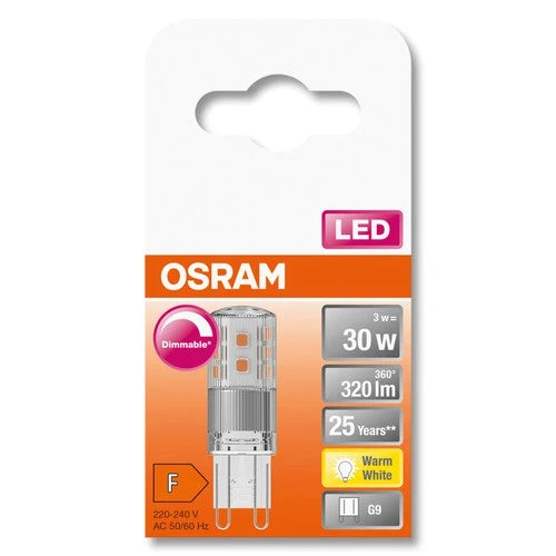 OSRAM LED lampe à broche PIN dimmable claire (ex 30W) 3W / 2700K blanc chaud PIN G9