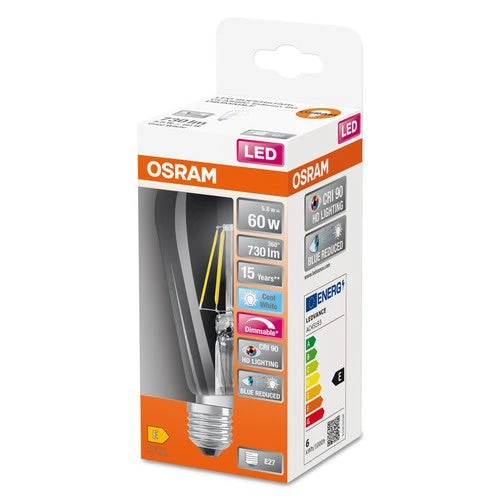 OSRAM Lampe LED FILAMENT à intensité variable LED SUPERSTAR+ CL Edison FIL 60 dim 5,8W/940 E27 CRI90 BOX, E27