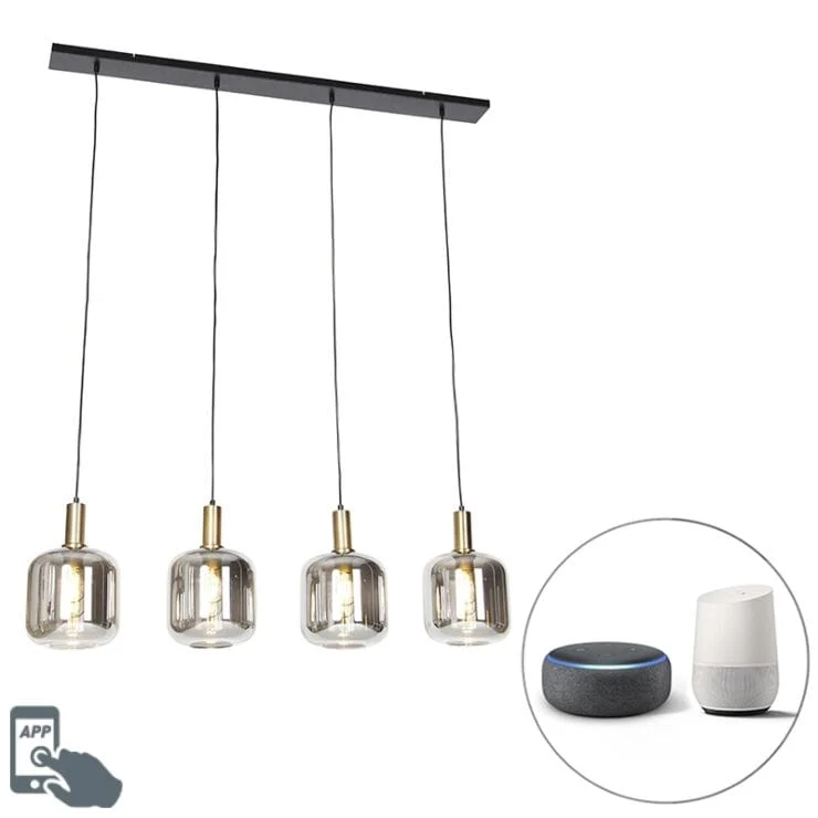 Suspension intelligente noire verre fumé 4 lumières Salon