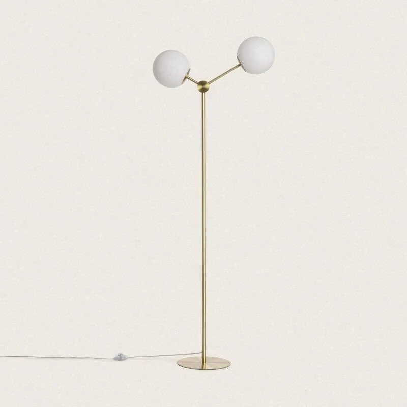 Lampadaire Doré 2 Boules Blanches