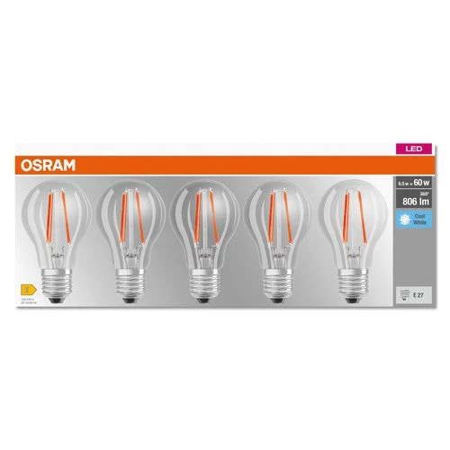 OSRAM LED BASE CLASSIC A Lampe claire (ex 60W) 6,5W / 4000K Blanc froid E27 lot de 5