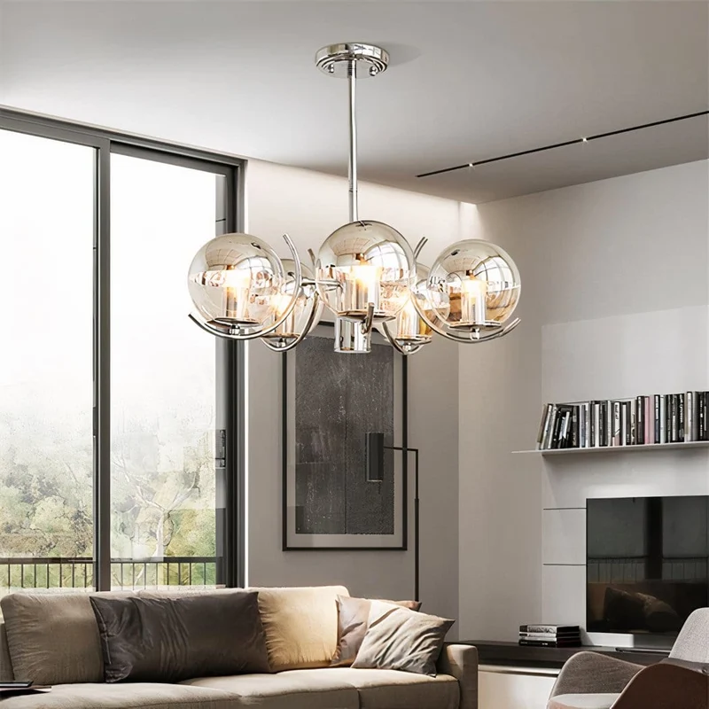 Lustre suspension boules en verre salon argent