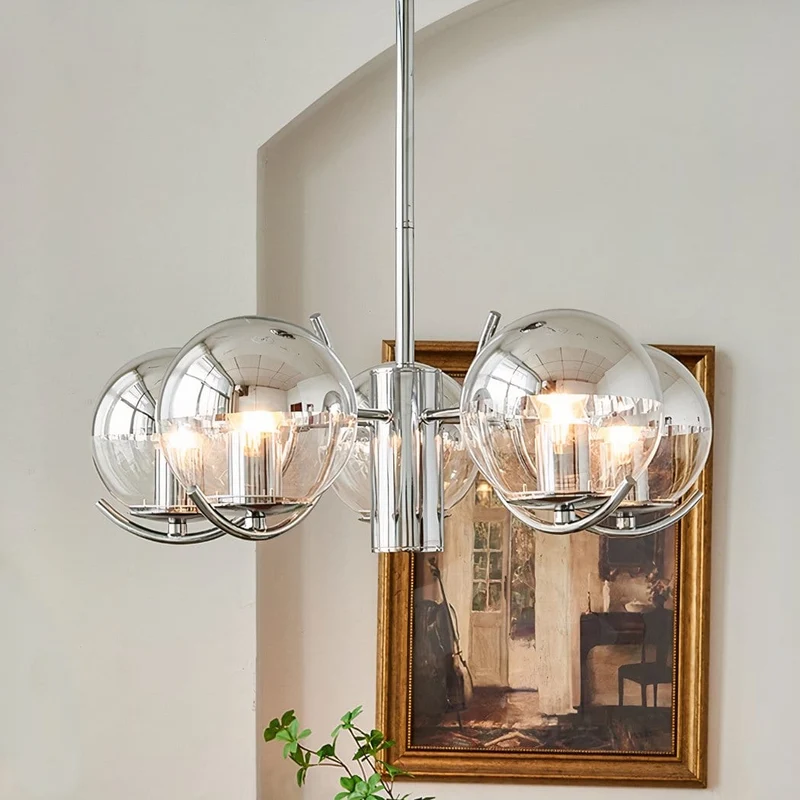 Lustre suspension boules en verre salon argent