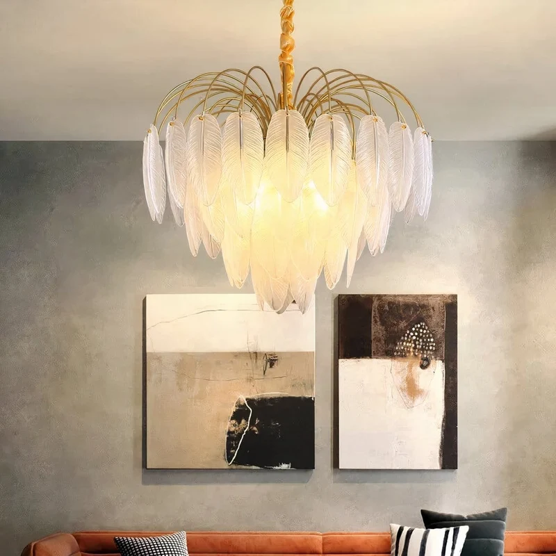 Lustre plume en verre en escalier salon