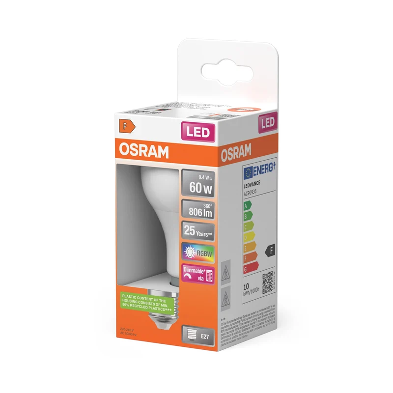 OSRAM LED Retrofit RGBW LED Lampe matt mehrfarbig mit Fernbedienung (ex 60W) 9W / 2700K Warmweiß E27