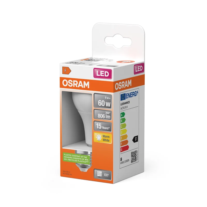 OSRAM LED STAR Classic A Lampe LED mate (ex 60W) 8,5W / 2700K Lumières chaudes E27
