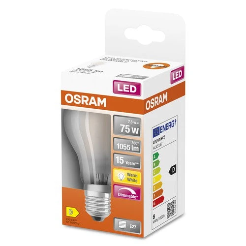 OSRAM LED Retrofit Classic A Ampoule LED mate à intensité variable (ex 75W) 9W / 2700K blanc chaud E27