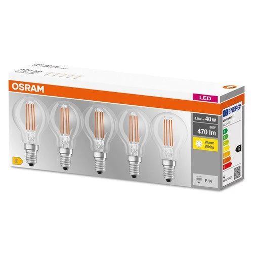 OSRAM LED Base Classic Lampe LED à filament (ex 40W) 4W / 2700K blanc chaud E14, pack de 5