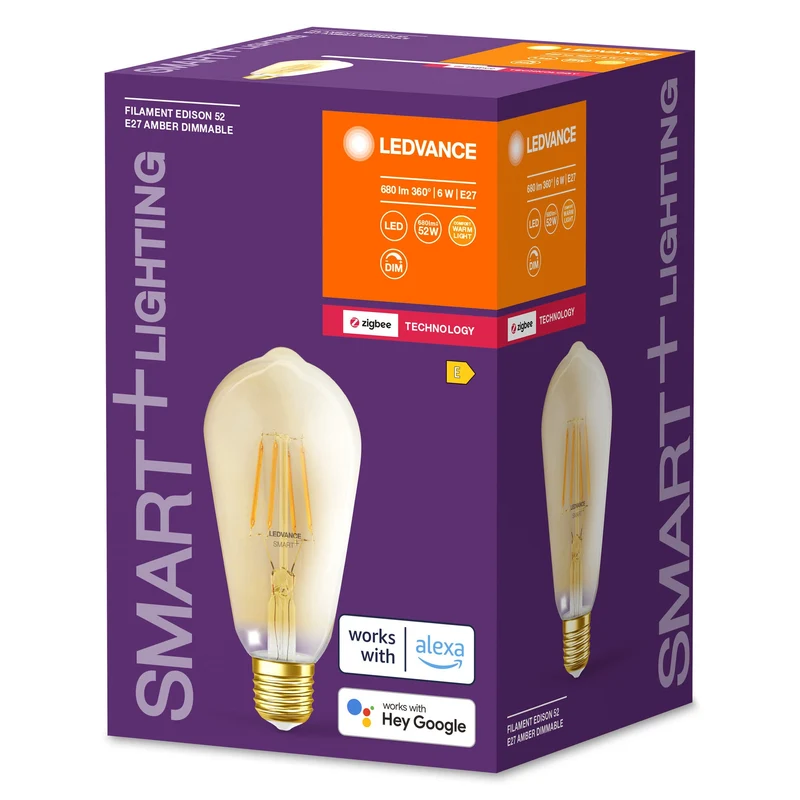 LEDVANCE Lampe LED intelligente avec ZigBee, culot E27, dimmable, blanc chaud (2400K), forme Edison dorée, filament clair, remplacement pour ampoules à incandescence 55W, contrôlable avec des systèmes compatibles comme Alexa, Google, etc.