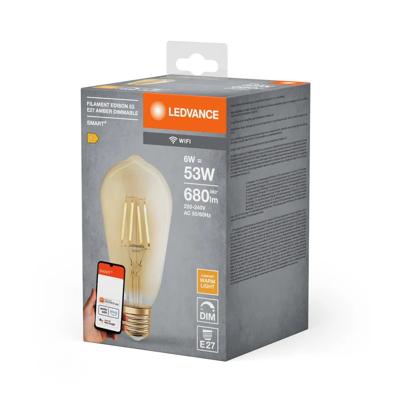 LEDVANCE Lampe LED intelligente avec technologie WiFi de forme Edison dorée, culot E27, dimmable, blanc chaud (2400K), remplace les lampes à incandescence de 53 W, SMART+ WiFi Classic Dimmable, lot de 1