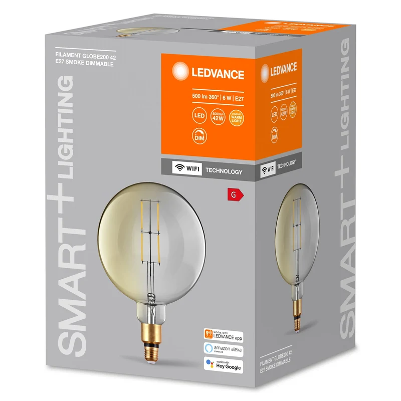 Lampe LED intelligente LEDVANCE avec technologie WiFi, culot E27, dimmable, blanc chaud (2500K), forme grand globe, filament transparent en verre fumé, remplacement du 37W conventionnel, contrôlable avec Alexa, Google & App