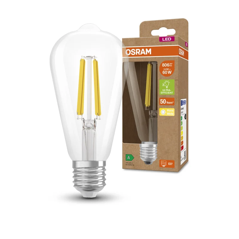 OSRAM LED Lampe Classe d'efficacité énergétique A Filament Classique Clair, 2.5W/3000K, E27, Blanc chaud