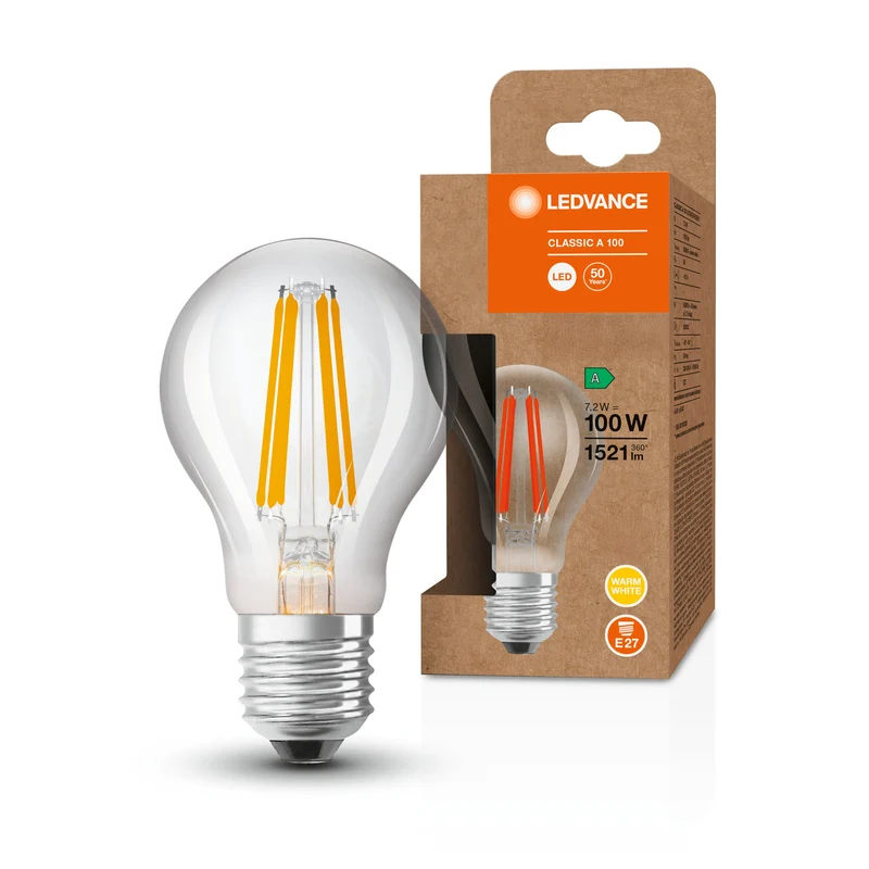 LEDVANCE lampe LED classe d'efficacité énergétique A filament classique clair, 7.2W/3000K, E27
