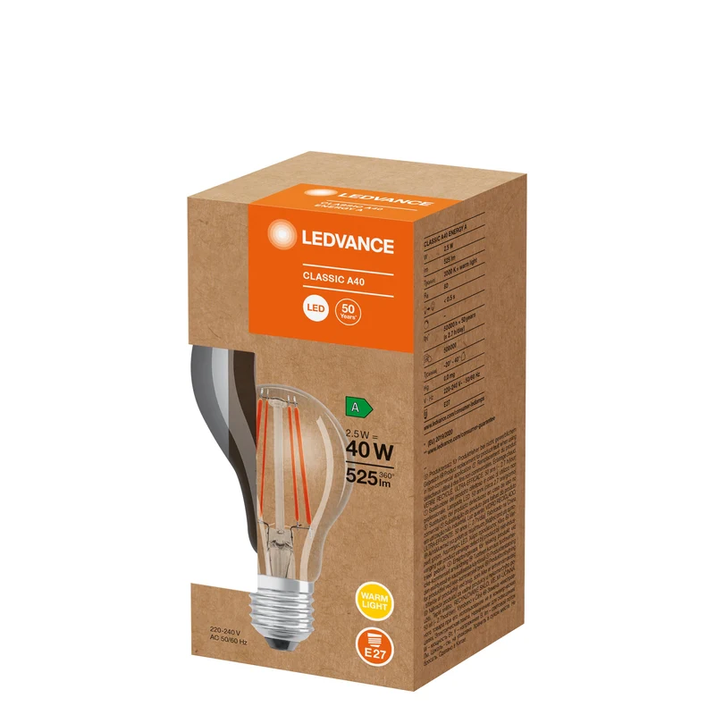 LEDVANCE HIGH ENERGY EFFICIENT A Classic A40 lampe LED claire (ex 40W) 2,5W blanc chaud E27