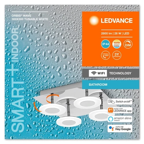 LEDVANCE Wifi SMART+ ORBIS WAVE Plafonnier salle de bain LED 30x30cm Tunable Blanc 26W / 3000-6500K