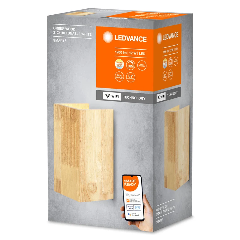 LEDVANCE Wifi SMART+ ORBIS WOOD LED Wandleuchte 21x11cm in Holzoptik Tunable Weiß 12W / 3000-6500K