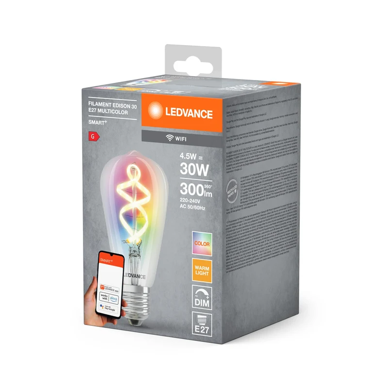 Ampoule LED LEDVANCE Wifi SMART+ filament Edison 30 RGBW multicolore (ex 60W) 4,5W E27