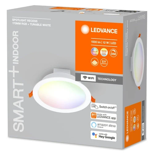 LEDVANCE Wifi SMART+ Spot encastré RECESS DOWNLIGHT TW, Ø 170mm, RGB 12W, 220…240 V, 2700…6500K, IP20