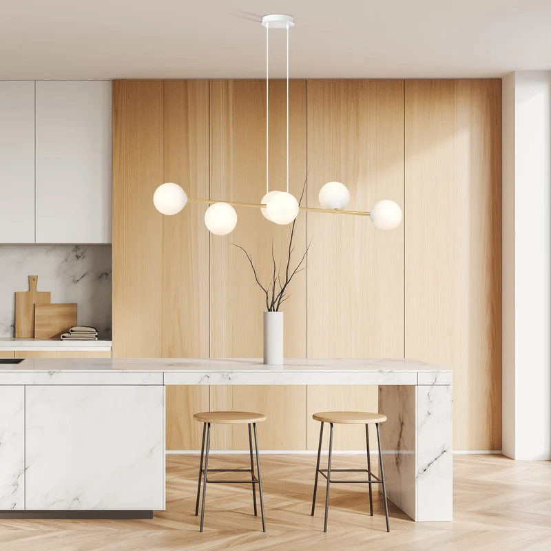 Suspension 6 Globes En Verre Opaline Et Métal Doré