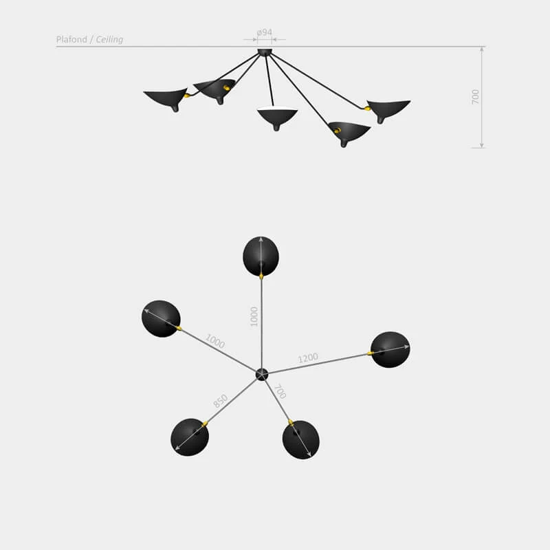 Serge Mouille "Spider" 5 still arms Ceiling Lamp