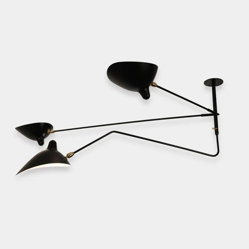 Serge Mouille 2 Fixed Arms 1 Rotating Curved Arm Ceiling Lamp