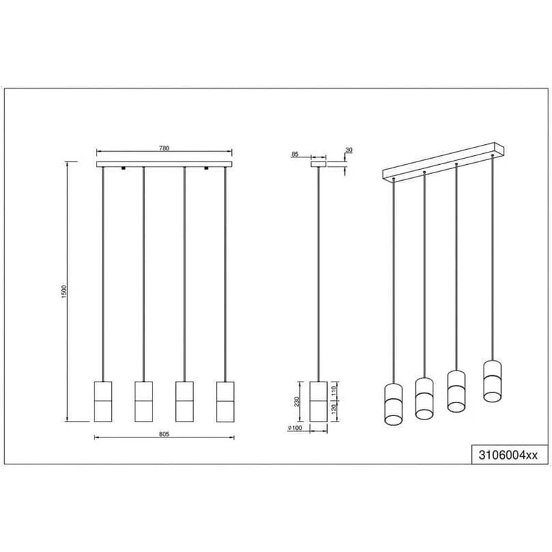 Suspension Industrielle 4 Lampes