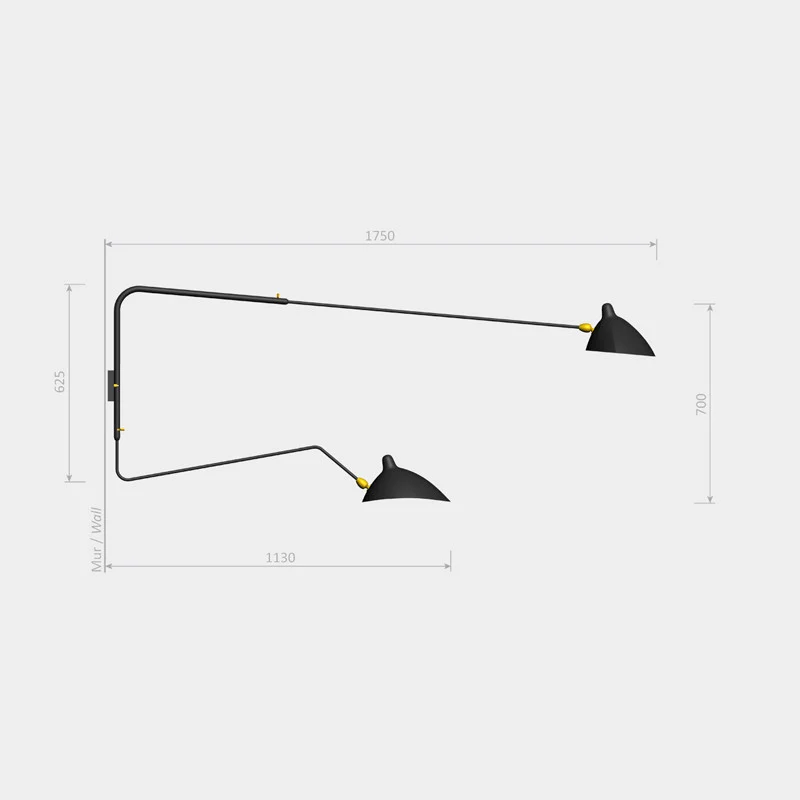 Serge Mouille 2 Rotating Arms, 1 Straight, 1 Curved Sconce Lamp